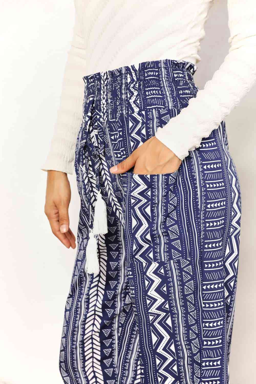 Double Take Geometric Print Tassel High - Rise Pants - Pants - Navy - Bella Bourget