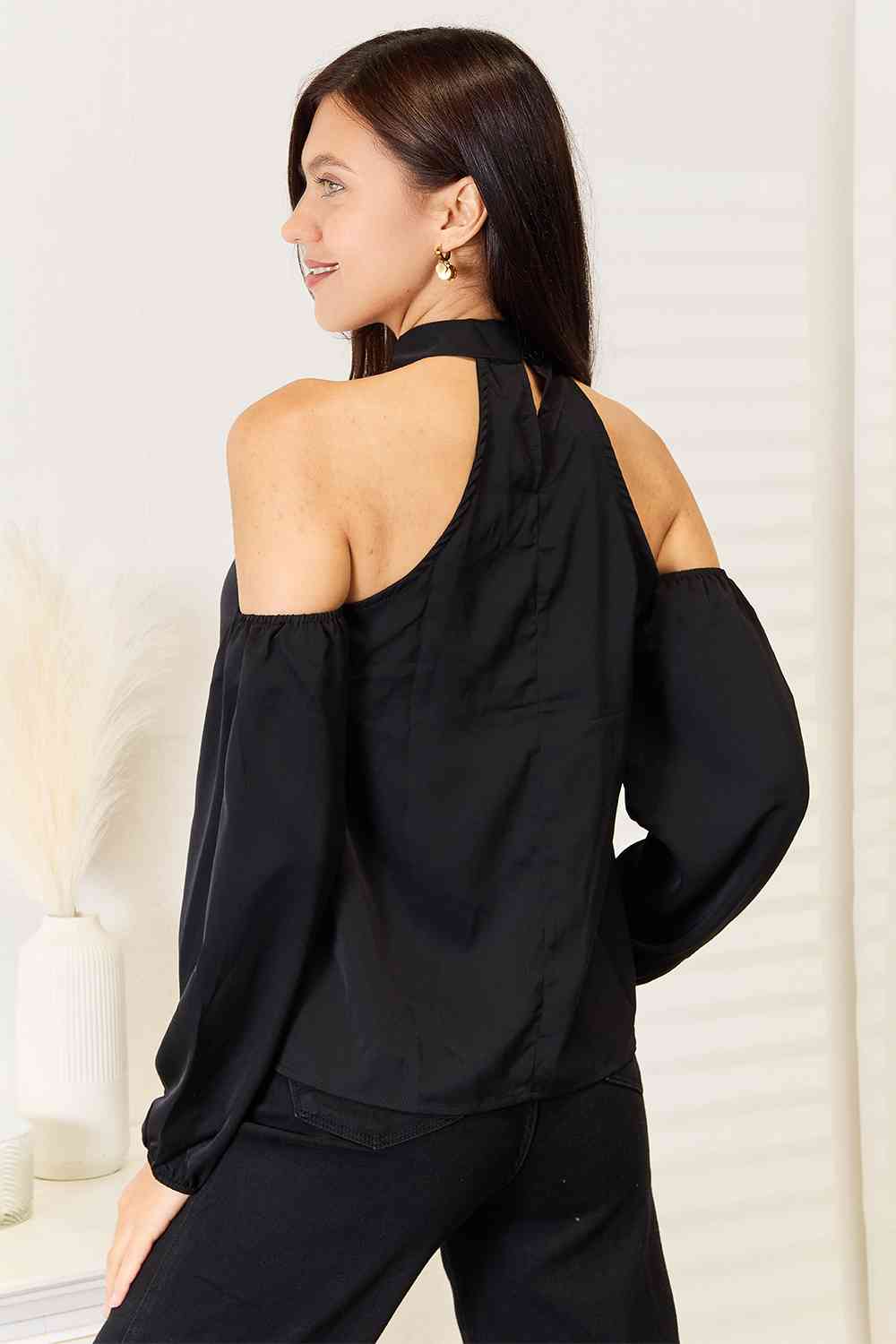 Double Take Grecian Cold Shoulder Long Sleeve Blouse - Blouse - Black - Bella Bourget