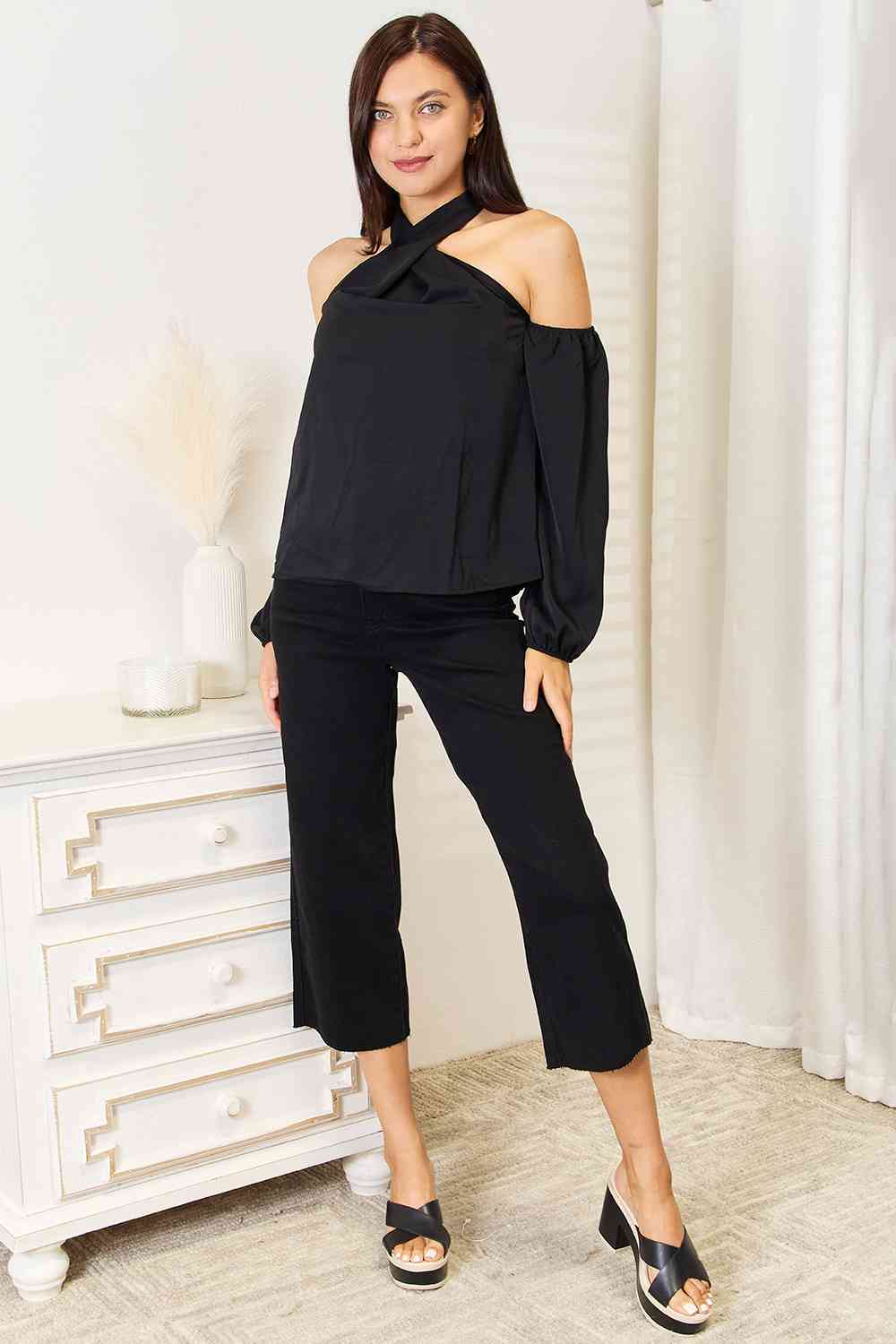 Double Take Grecian Cold Shoulder Long Sleeve Blouse - Blouse - Black - Bella Bourget