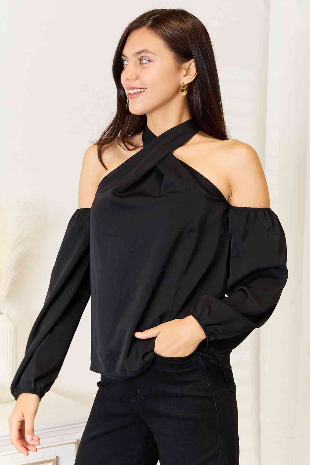 Double Take Grecian Cold Shoulder Long Sleeve Blouse - Blouse - Black - Bella Bourget