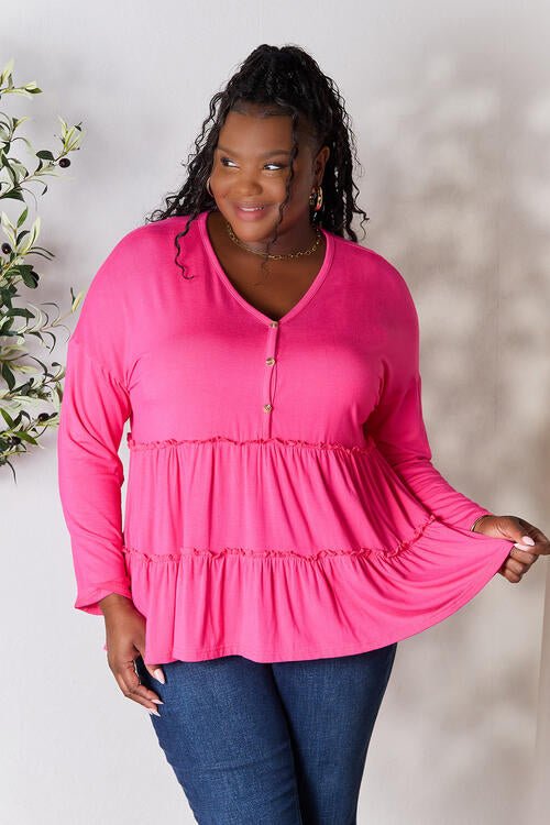 Double Take Half Button Long Sleeve Ruffle Hem Blouse - Shirt - Hot Pink - Bella Bourget