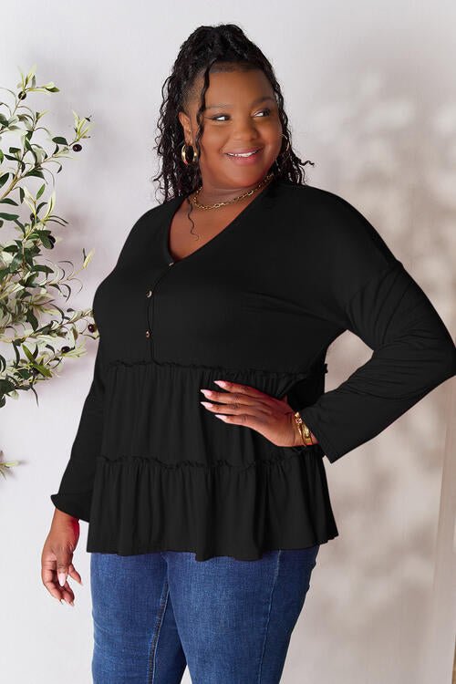 Double Take Half Button Long Sleeve Ruffle Hem Blouse - Shirt - Black - Bella Bourget