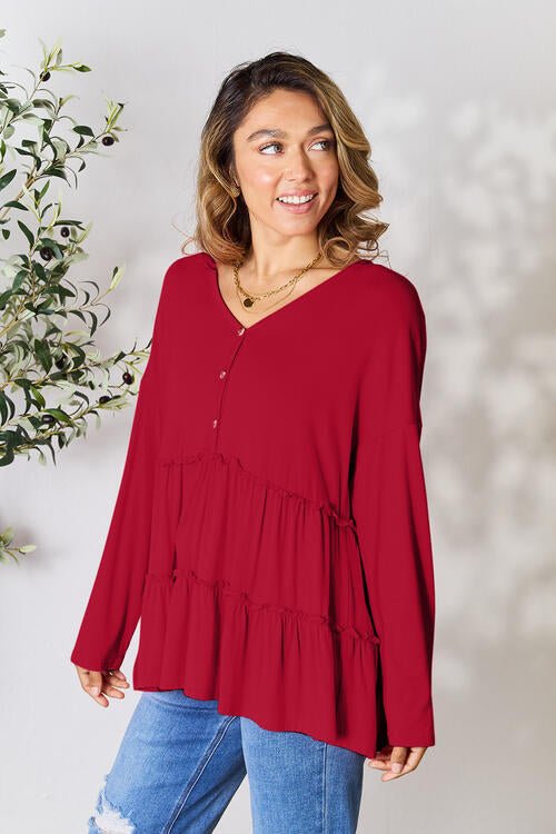 Double Take Half Button Long Sleeve Ruffle Hem Blouse - Shirt - Wine - Bella Bourget