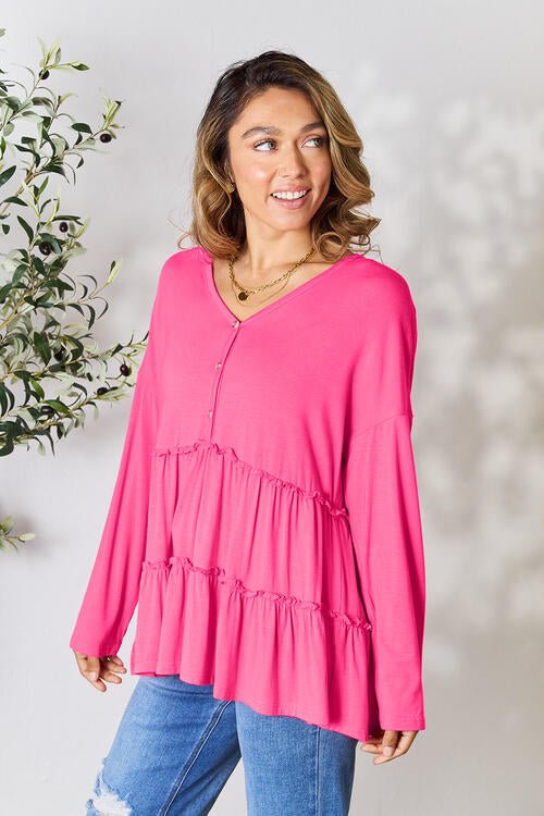 Double Take Half Button Long Sleeve Ruffle Hem Blouse - Shirt - Hot Pink - Bella Bourget