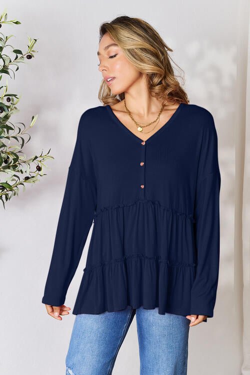 Double Take Half Button Long Sleeve Ruffle Hem Blouse - Shirt - Dark Navy - Bella Bourget