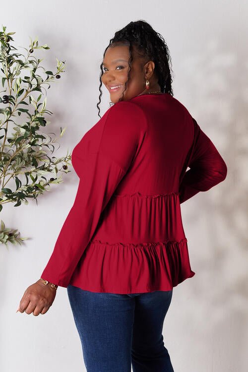 Double Take Half Button Long Sleeve Ruffle Hem Blouse - Shirt - Wine - Bella Bourget