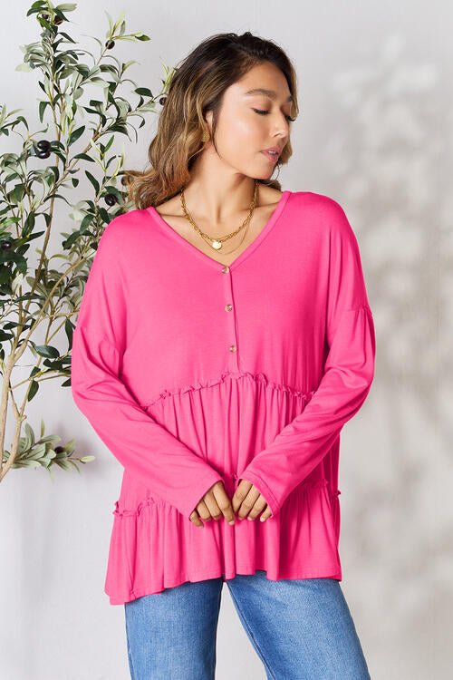 Double Take Half Button Long Sleeve Ruffle Hem Blouse - Shirt - Hot Pink - Bella Bourget