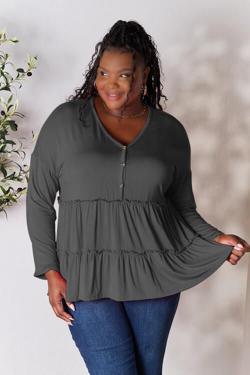 Double Take Half Button Long Sleeve Ruffle Hem Blouse - Shirt - Charcoal - Bella Bourget