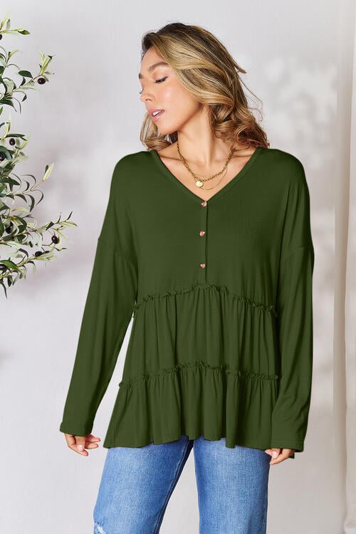 Double Take Half Button Long Sleeve Ruffle Hem Blouse - Shirt - Army Green - Bella Bourget