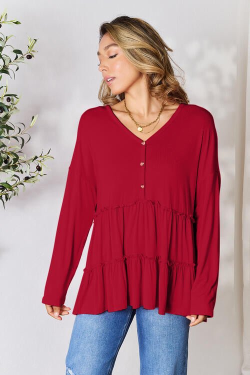 Double Take Half Button Long Sleeve Ruffle Hem Blouse - Shirt - Wine - Bella Bourget