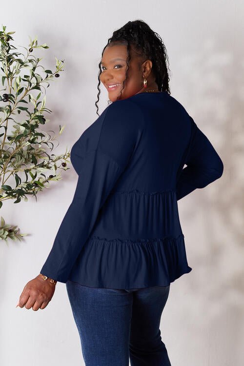 Double Take Half Button Long Sleeve Ruffle Hem Blouse - Shirt - Dark Navy - Bella Bourget