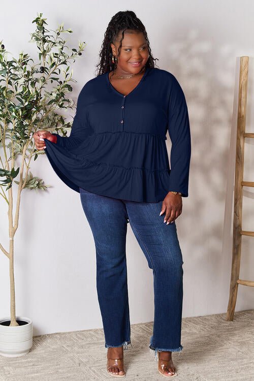 Double Take Half Button Long Sleeve Ruffle Hem Blouse - Shirt - Dark Navy - Bella Bourget