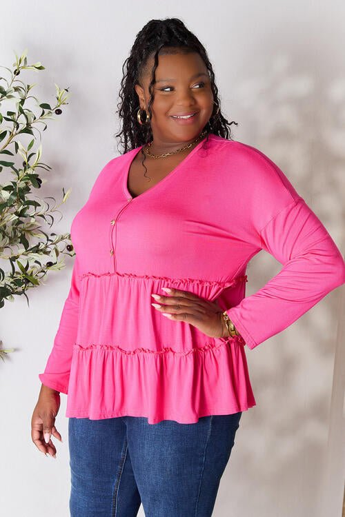 Double Take Half Button Long Sleeve Ruffle Hem Blouse - Shirt - Hot Pink - Bella Bourget