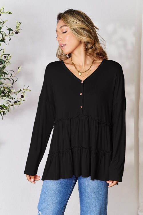 Double Take Half Button Long Sleeve Ruffle Hem Blouse - Shirt - Black - Bella Bourget