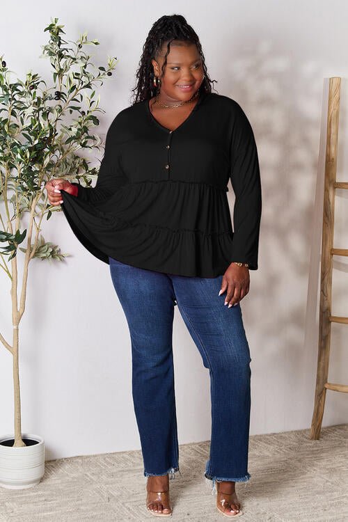 Double Take Half Button Long Sleeve Ruffle Hem Blouse - Shirt - Black - Bella Bourget