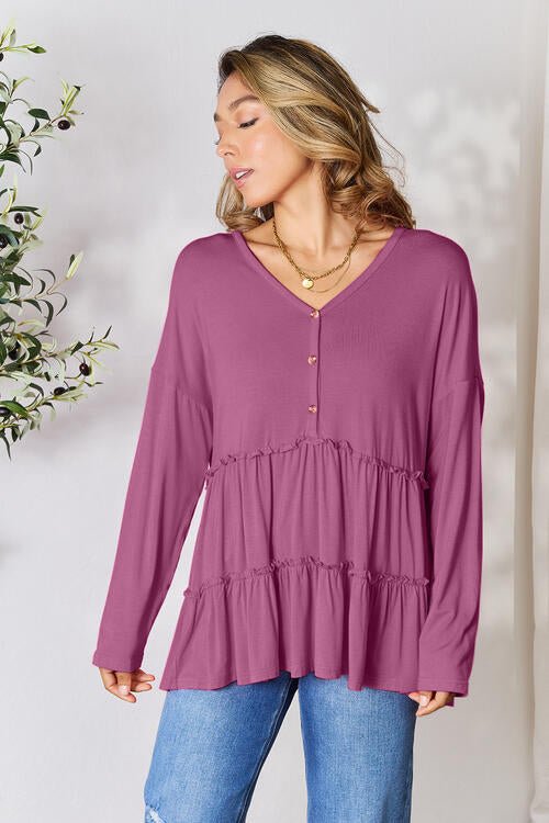 Double Take Half Button Long Sleeve Ruffle Hem Blouse - Shirt - Lilac - Bella Bourget