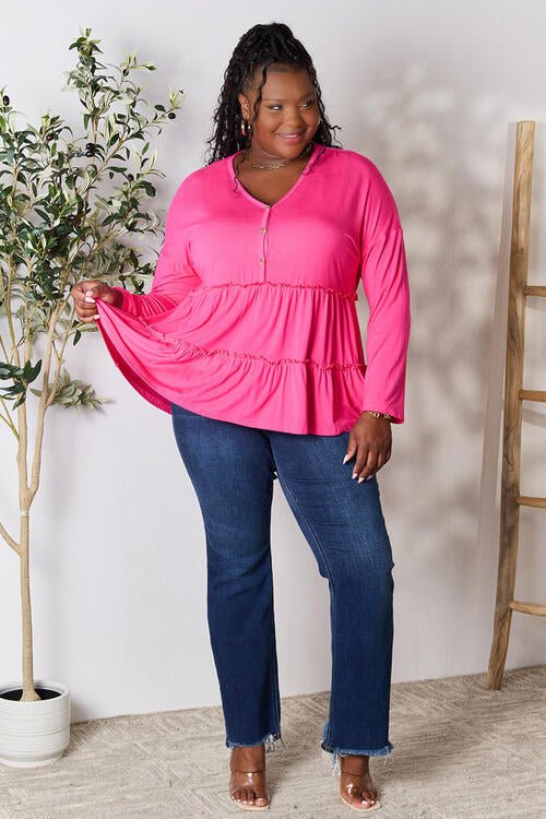 Double Take Half Button Long Sleeve Ruffle Hem Blouse - Shirt - Hot Pink - Bella Bourget