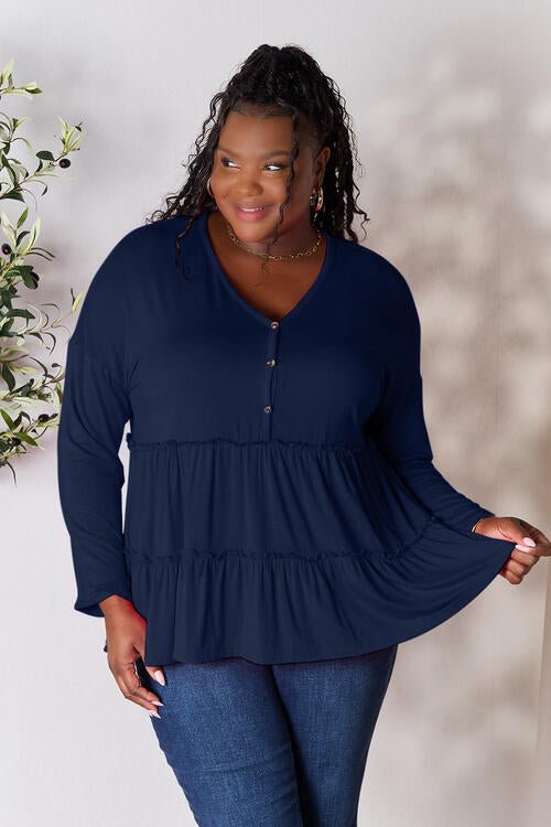 Double Take Half Button Long Sleeve Ruffle Hem Blouse - Shirt - Dark Navy - Bella Bourget