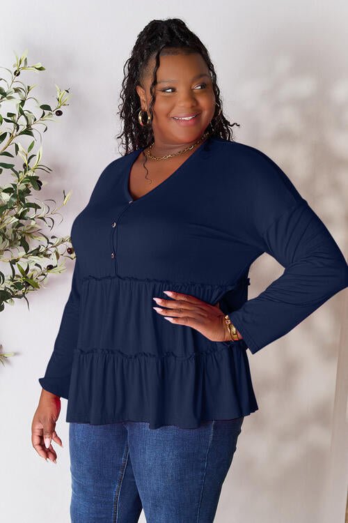 Double Take Half Button Long Sleeve Ruffle Hem Blouse - Shirt - Dark Navy - Bella Bourget