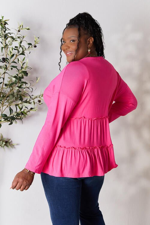 Double Take Half Button Long Sleeve Ruffle Hem Blouse - Shirt - Hot Pink - Bella Bourget