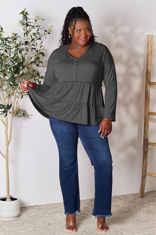 Double Take Half Button Long Sleeve Ruffle Hem Blouse - Shirt - Charcoal - Bella Bourget