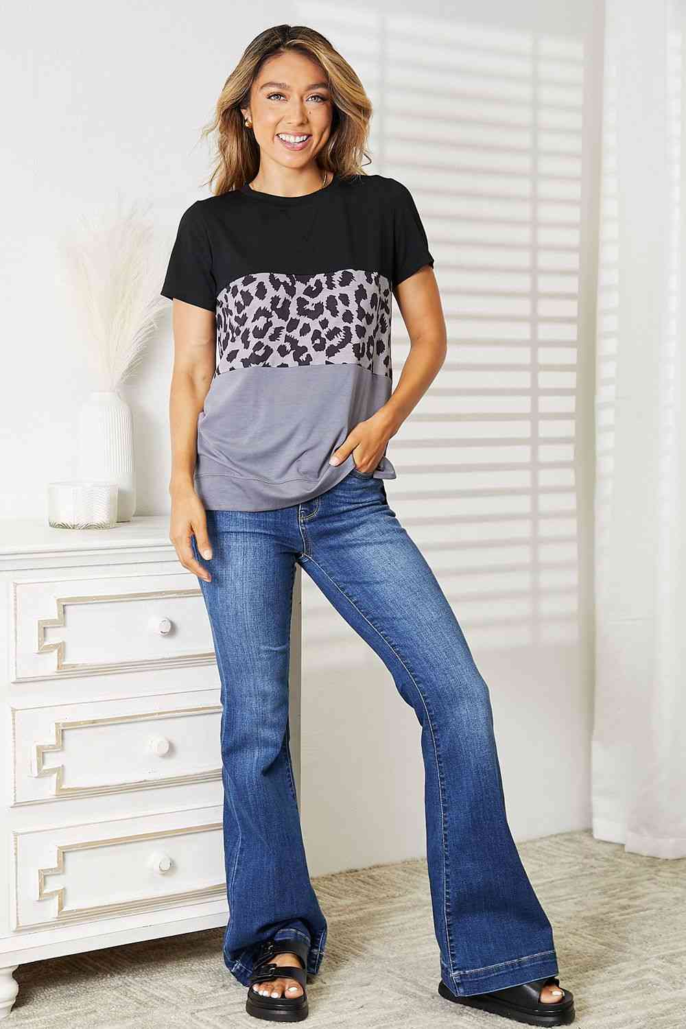 Double Take Leopard Print Color Block Short Sleeve T - Shirt - T - Shirt - Black - Bella Bourget