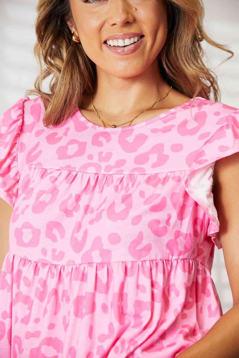 Double Take Leopard Round Neck Tiered Blouse - Blouse - Hot Pink - Bella Bourget