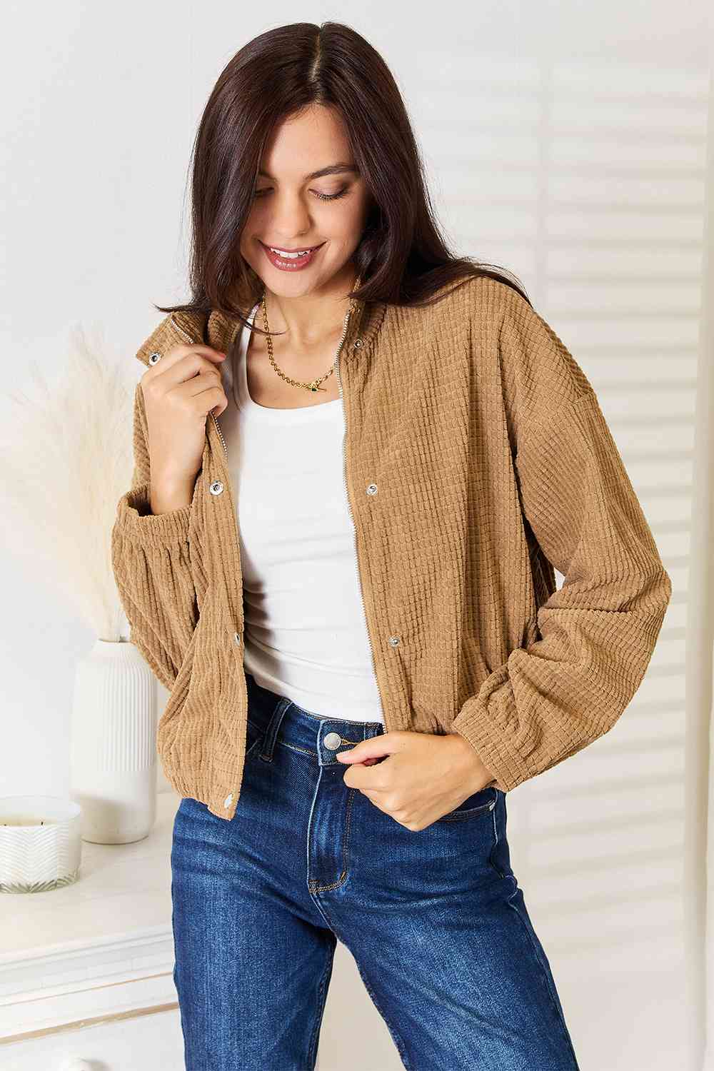 Double Take Long Sleeve Dropped Shoulder Jacket - Jacket - Camel - Bella Bourget