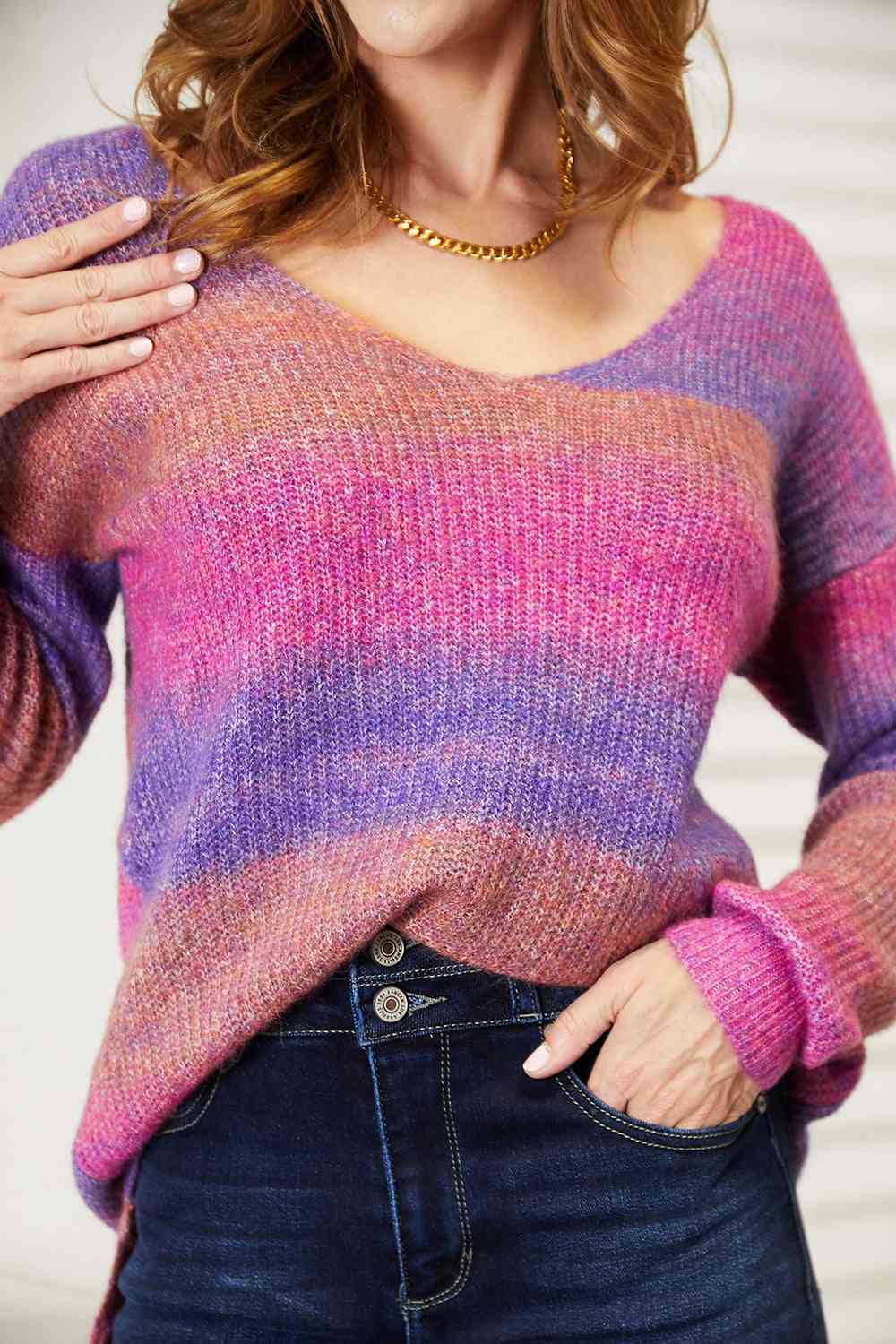 Double Take Multicolored Rib - Knit V - Neck Knit Pullover - Blouse - Purple - Bella Bourget