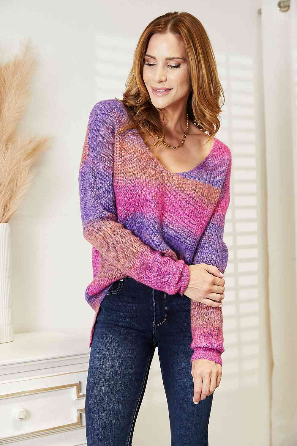 Double Take Multicolored Rib - Knit V - Neck Knit Pullover - Blouse - Purple - Bella Bourget