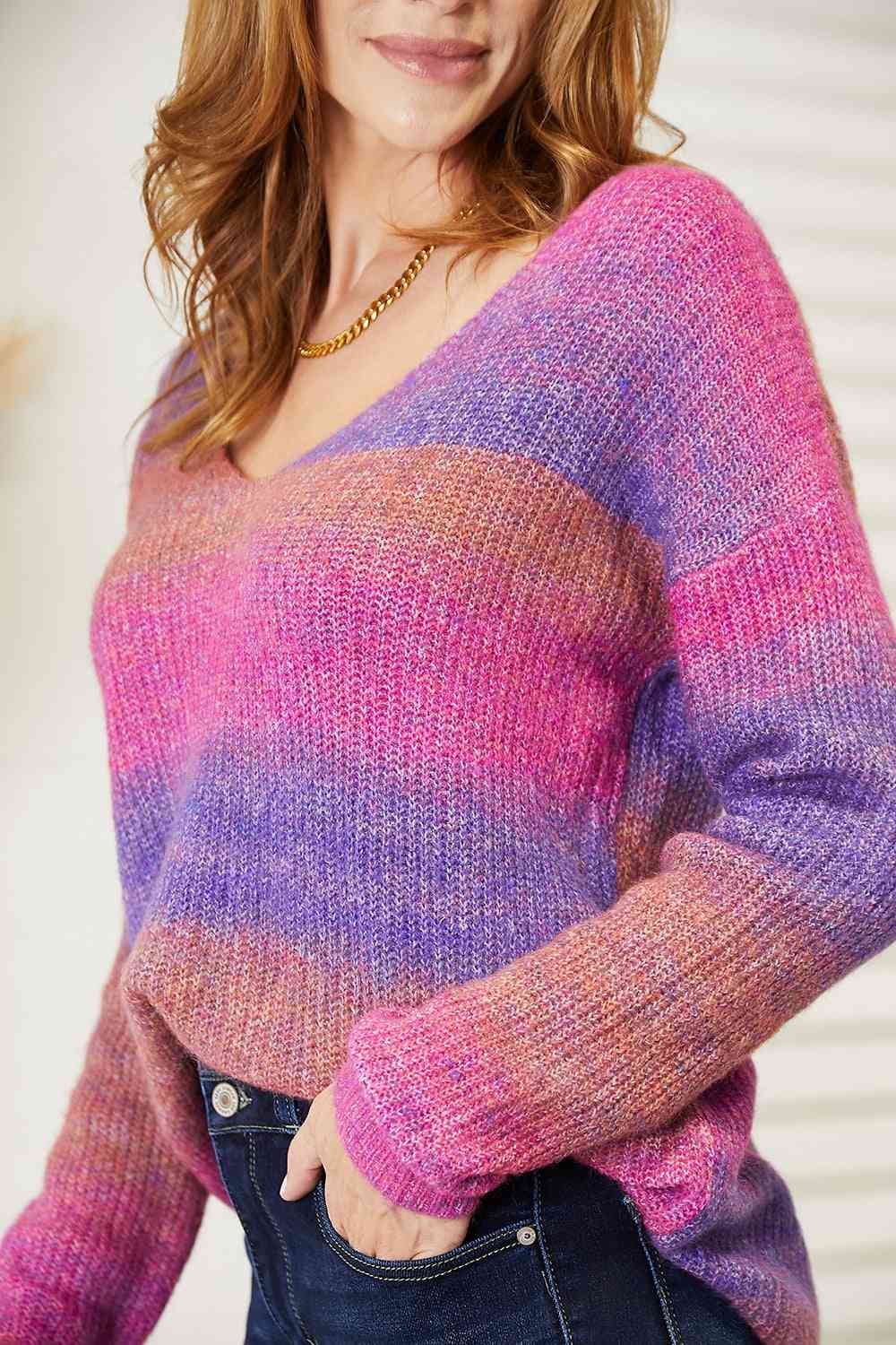 Double Take Multicolored Rib - Knit V - Neck Knit Pullover - Blouse - Purple - Bella Bourget