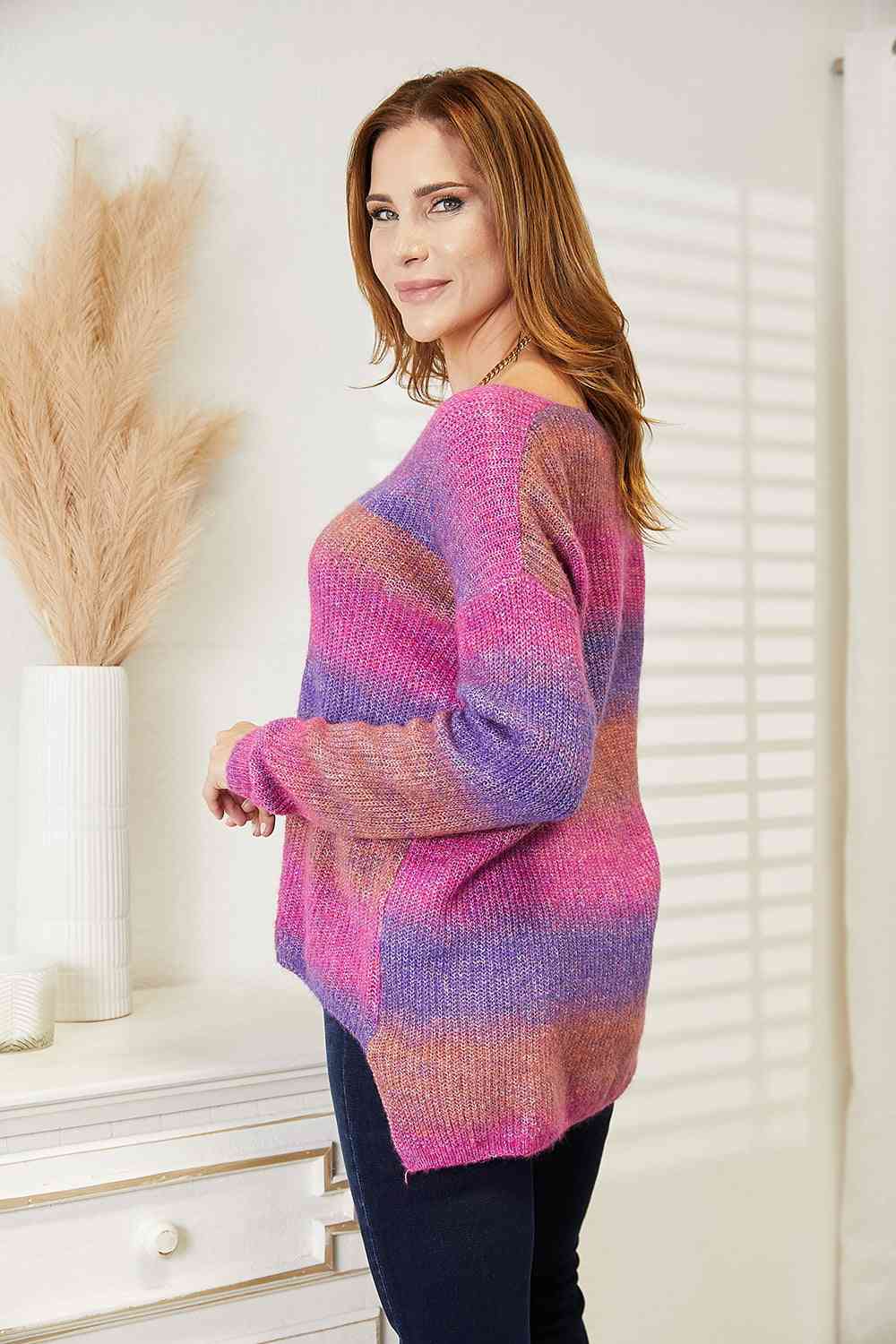Double Take Multicolored Rib - Knit V - Neck Knit Pullover - Blouse - Purple - Bella Bourget