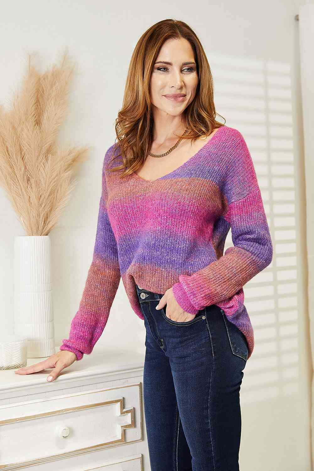Double Take Multicolored Rib - Knit V - Neck Knit Pullover - Blouse - Purple - Bella Bourget
