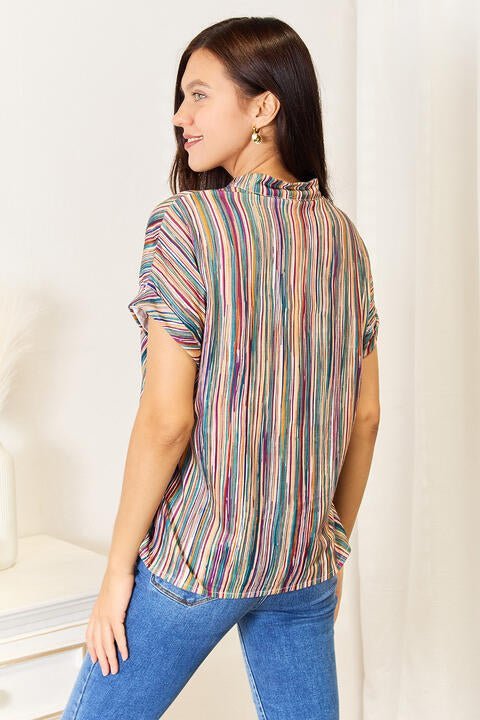 Double Take Multicolored Stripe Notched Neck Top - Blouse - Stripe - Bella Bourget