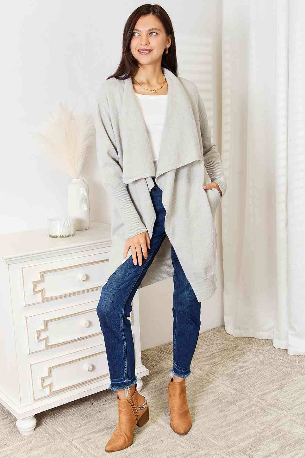 Double Take Open Front Duster Cardigan with Pockets - Cardigan - Light Gray - Bella Bourget