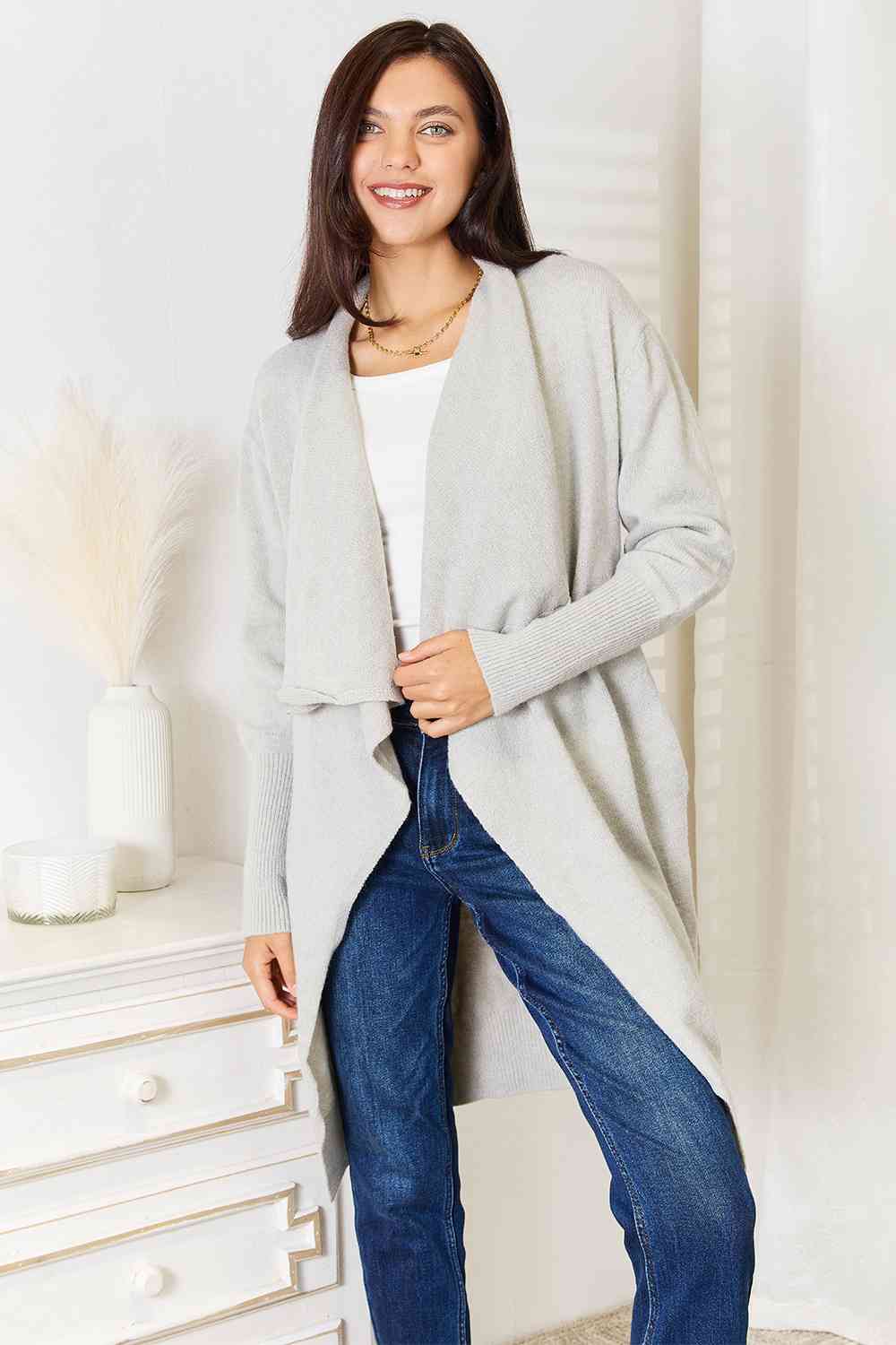 Double Take Open Front Duster Cardigan with Pockets - Cardigan - Light Gray - Bella Bourget