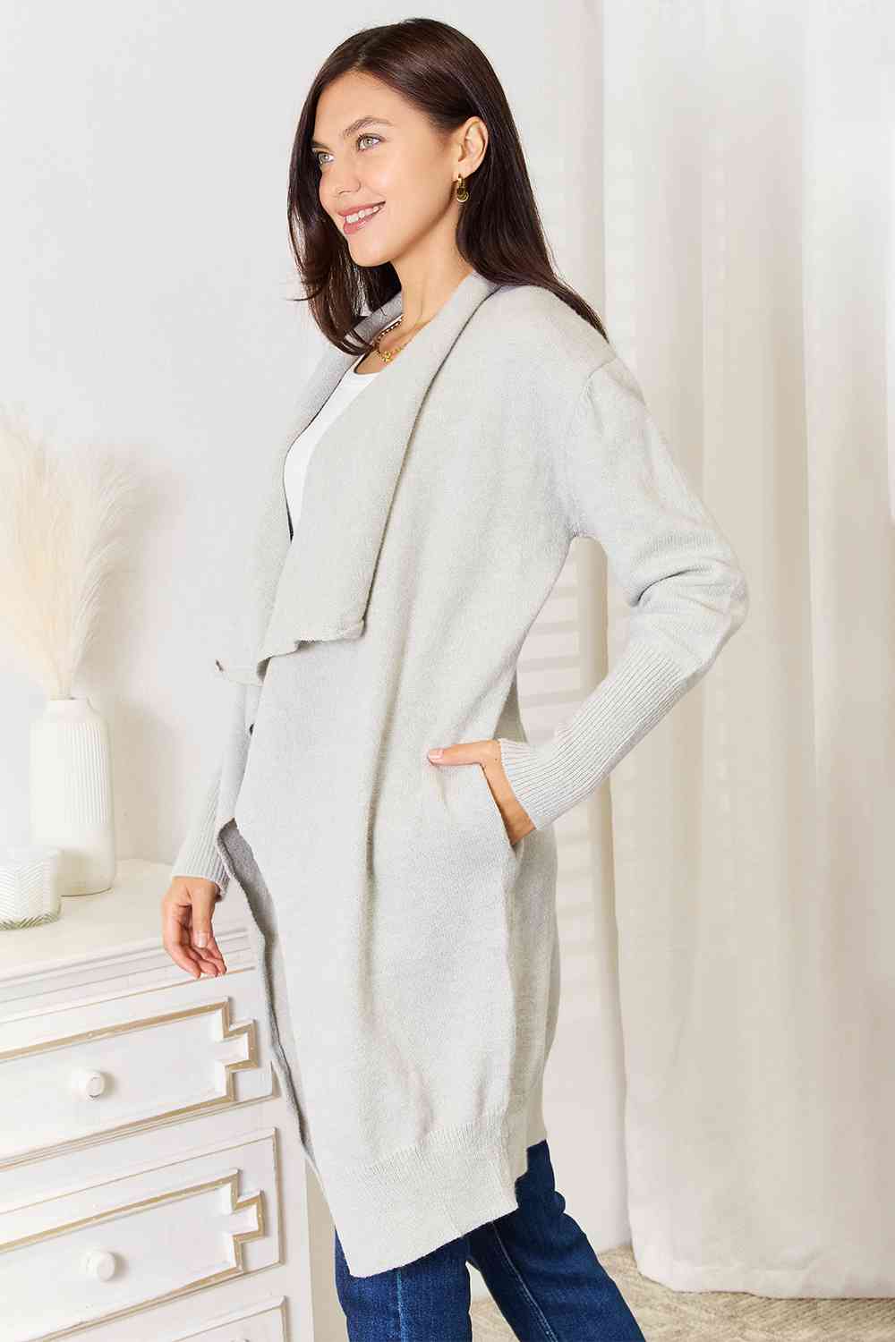 Double Take Open Front Duster Cardigan with Pockets - Cardigan - Light Gray - Bella Bourget