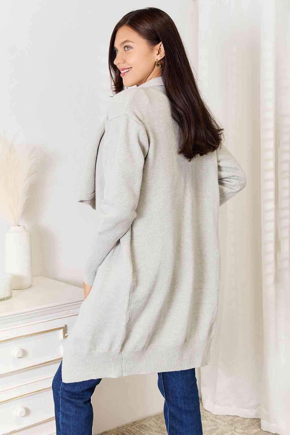 Double Take Open Front Duster Cardigan with Pockets - Cardigan - Light Gray - Bella Bourget