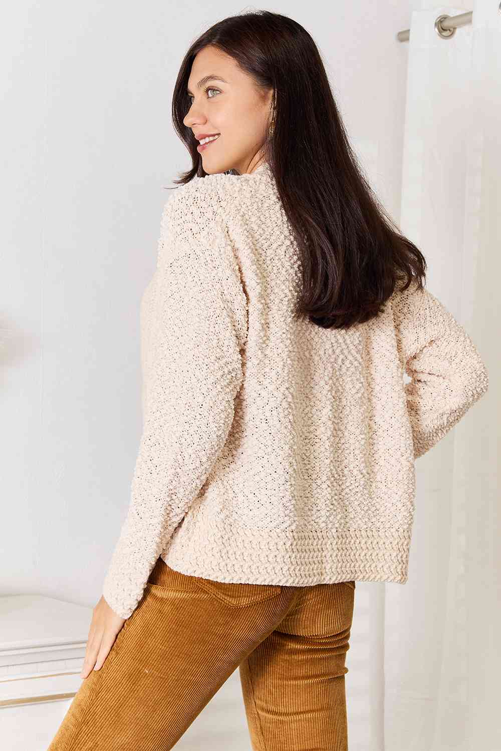 Double Take Open Front Long Sleeve Cardigan - Cardigan - Cream - Bella Bourget