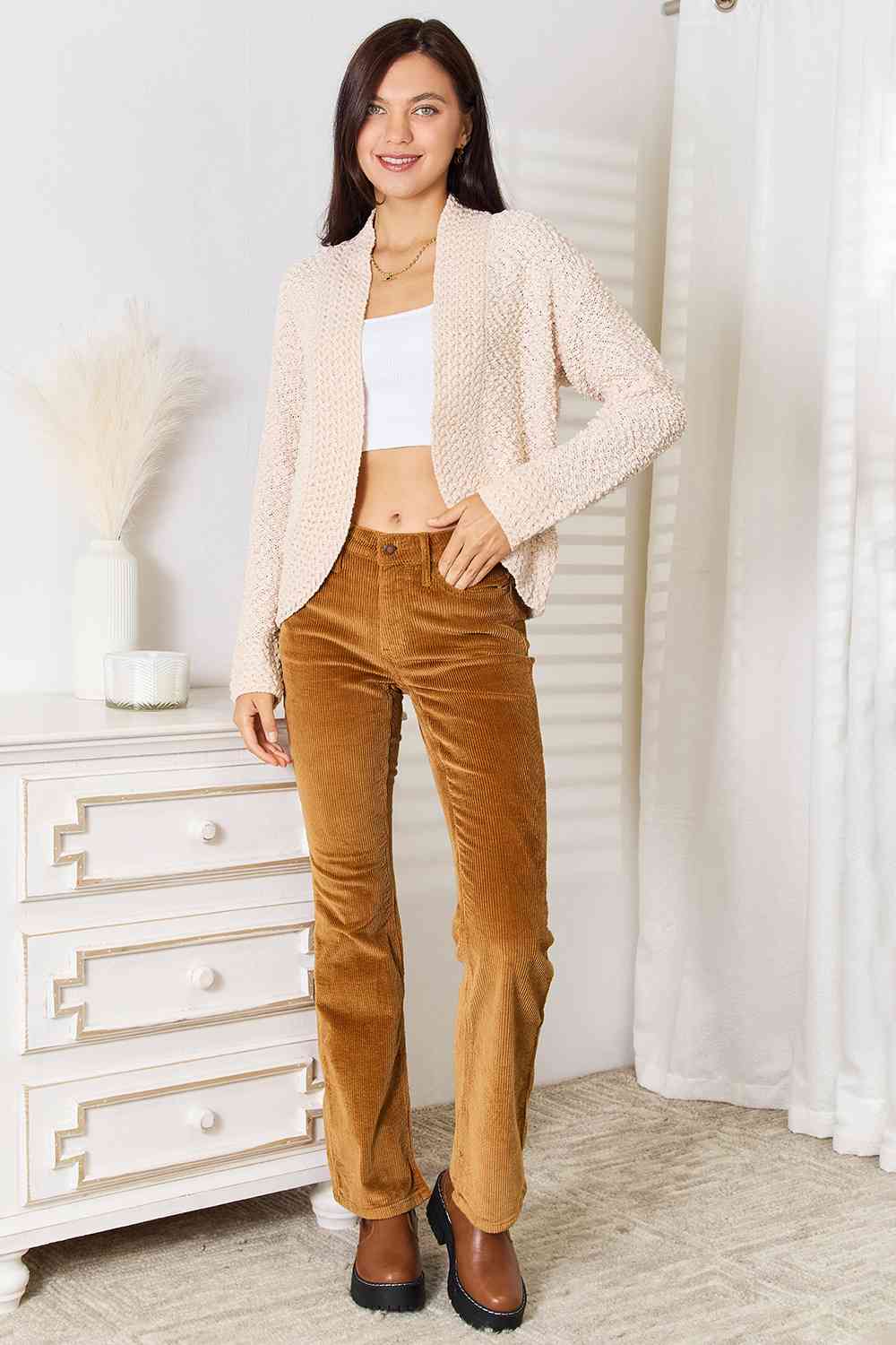 Double Take Open Front Long Sleeve Cardigan - Cardigan - Cream - Bella Bourget