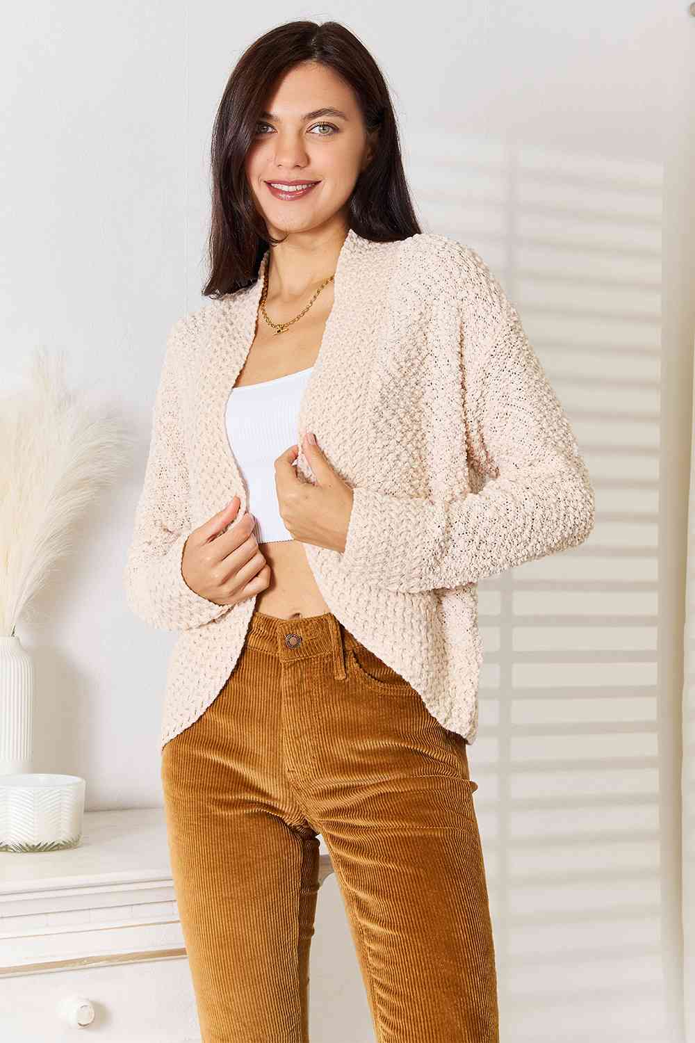 Double Take Open Front Long Sleeve Cardigan - Cardigan - Cream - Bella Bourget