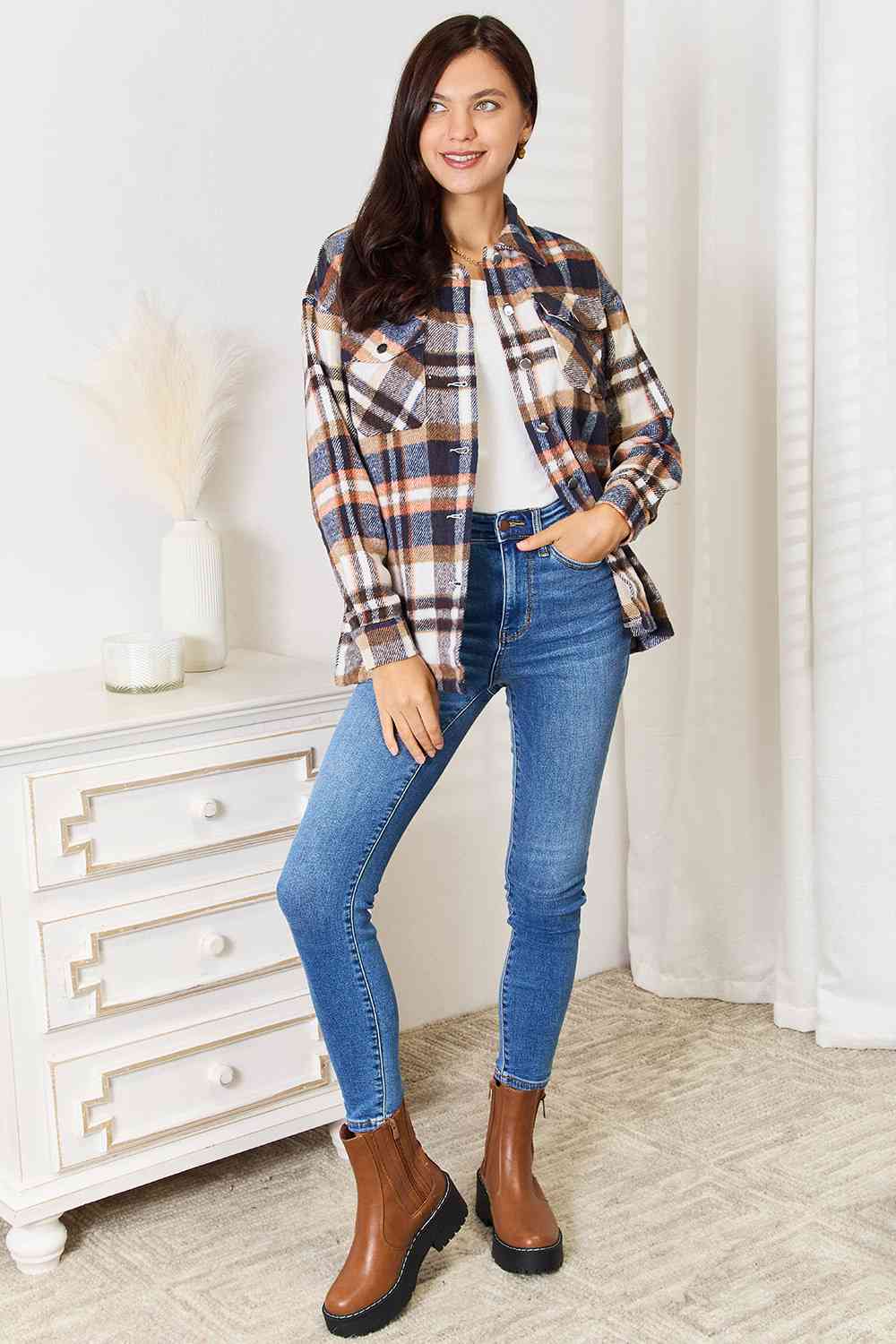 Double Take Plaid Button Front Shirt Jacket with Breast Pockets - Jacket - Navy - Bella Bourget