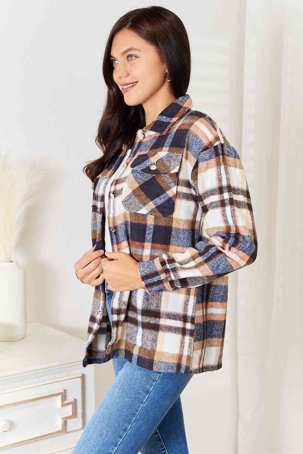 Double Take Plaid Button Front Shirt Jacket with Breast Pockets - Jacket - Navy - Bella Bourget