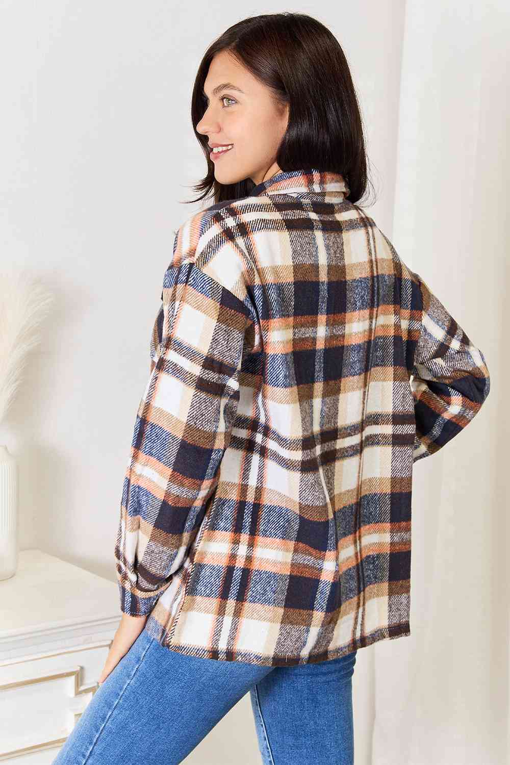 Double Take Plaid Button Front Shirt Jacket with Breast Pockets - Jacket - Navy - Bella Bourget