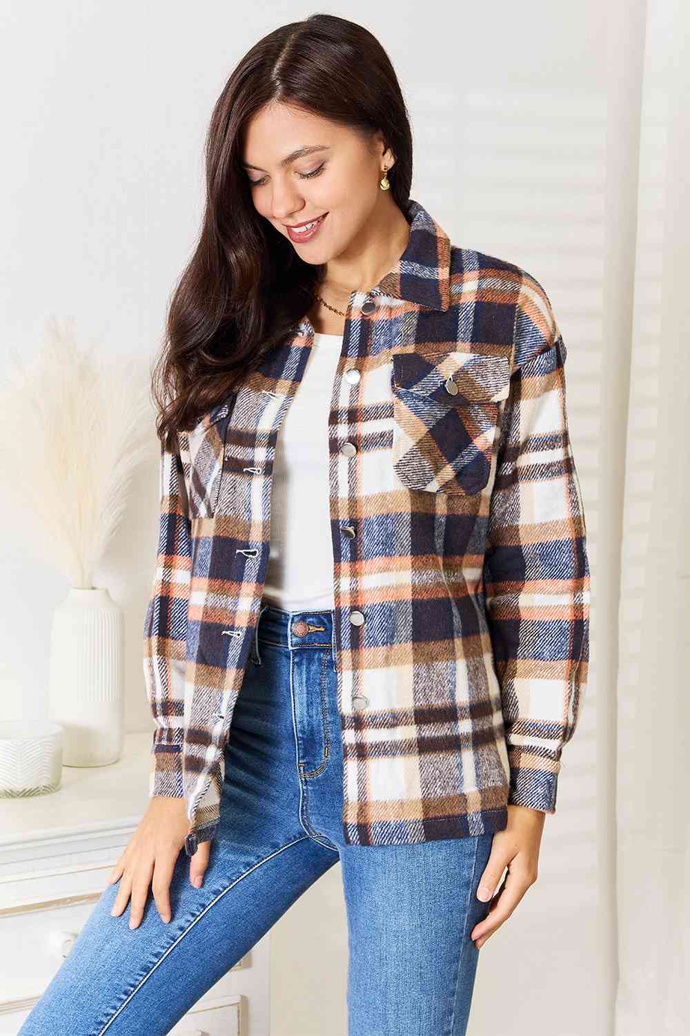 Double Take Plaid Button Front Shirt Jacket with Breast Pockets - Jacket - Navy - Bella Bourget