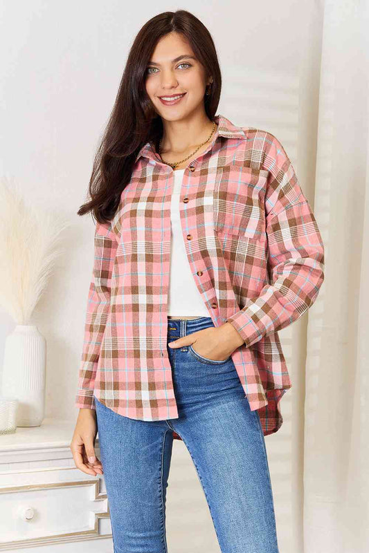 Double Take Plaid Collared Neck Long Sleeve Button - Up Shirt - Shirt - Peach - Bella Bourget