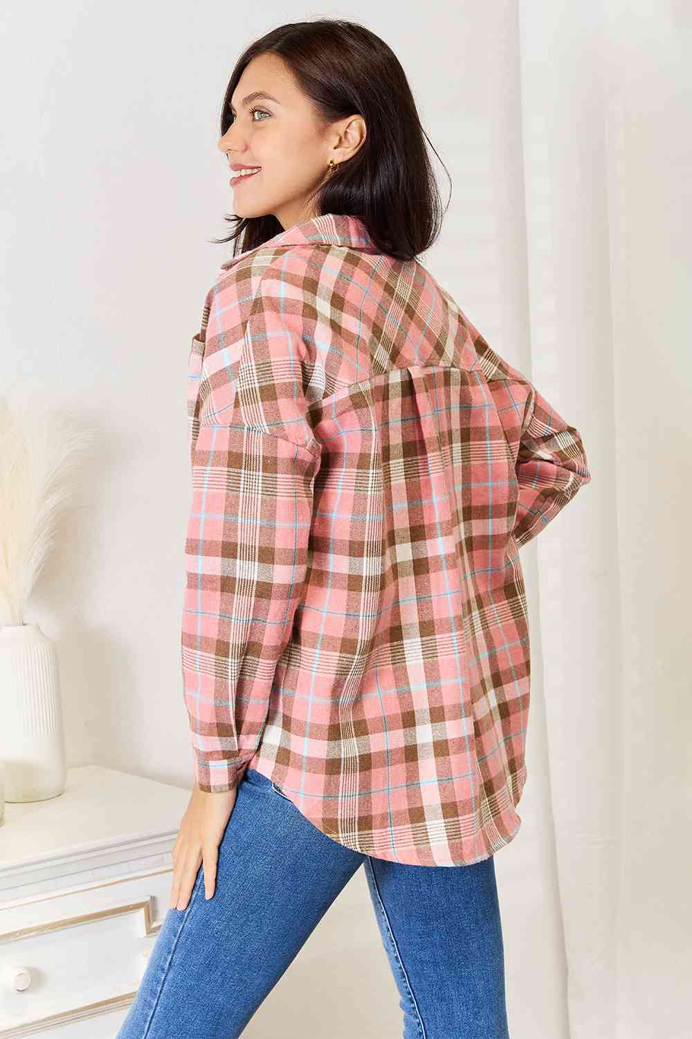 Double Take Plaid Collared Neck Long Sleeve Button - Up Shirt - Shirt - Peach - Bella Bourget