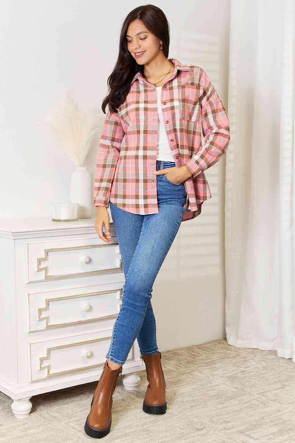 Double Take Plaid Collared Neck Long Sleeve Button - Up Shirt - Shirt - Peach - Bella Bourget