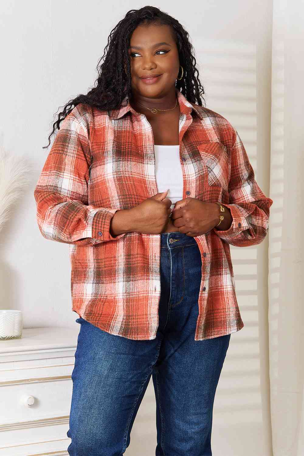 Double Take Plaid Collared Neck Long Sleeve Shirt - Shirt - Ochre - Bella Bourget