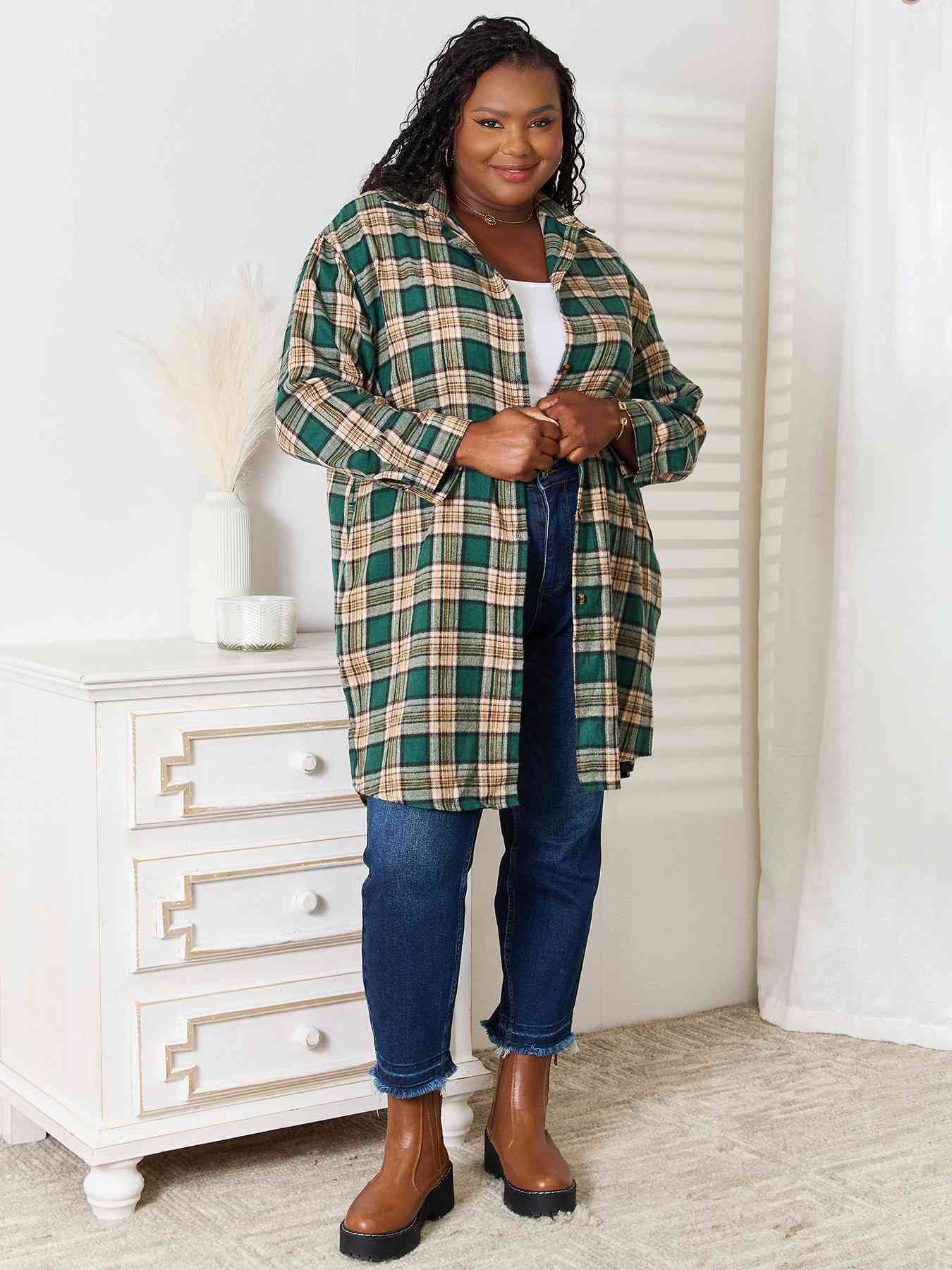 Double Take Plaid Collared Neck Long Sleeve Shirt - Shirt - Green - Bella Bourget